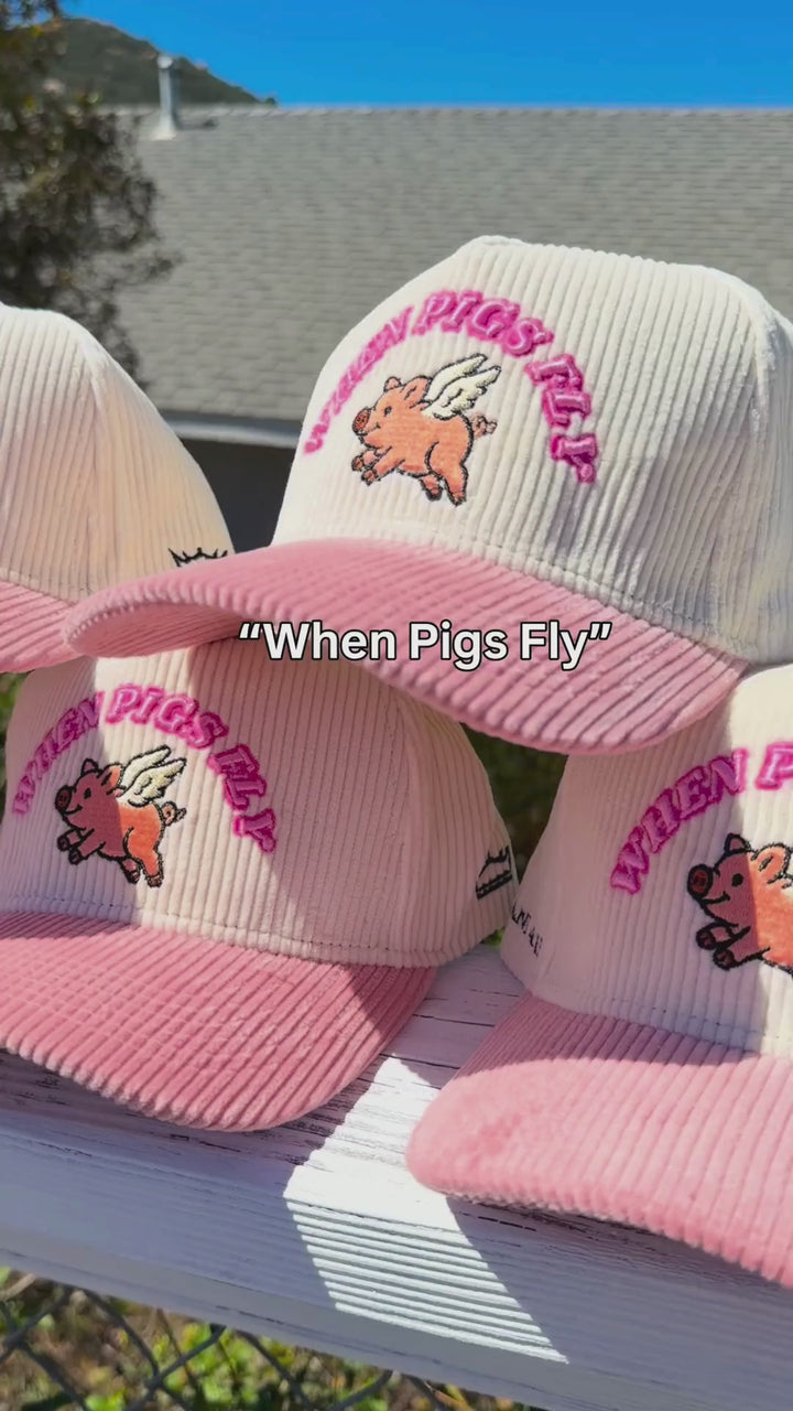 Pink Corduroy Hat 3D Puff Embroidery 'When Pigs Fly' - Crowned One