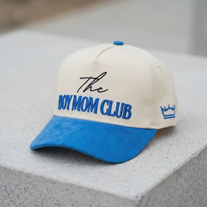 Boy Mom Club Hat Suede Brim Blue 3D Puff Embroidery Trucker - Crowned One - Mom Baseball Cap